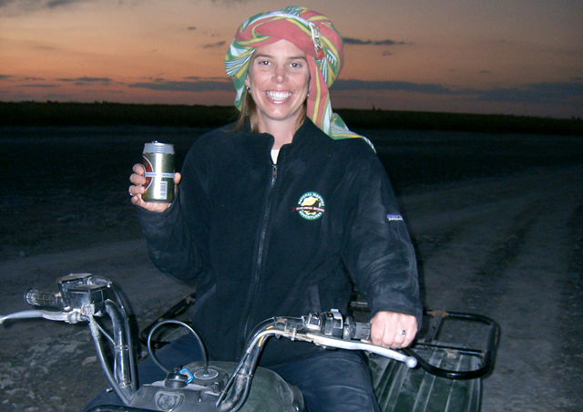 No, I am not wearing a dishtowel on my head! I am exploring the Kalahari desert on a quad bike and wearing a Kikoy cloth which keeps the dusk out of your face/hair.